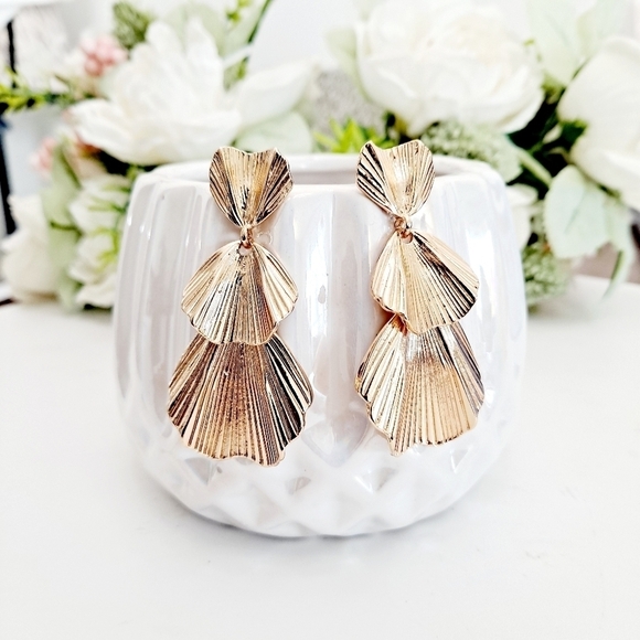 Gold statement Earrings Oversized Wedding Metal textured drop party 💖2/$30 - Picture 4 of 10